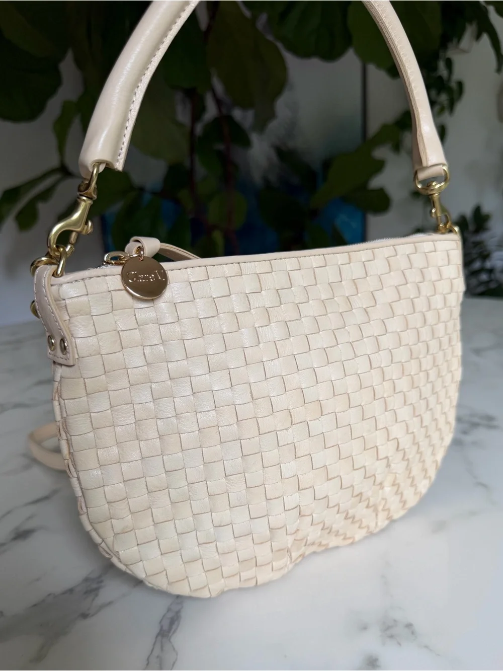 Clare V Petit Moyen Cream Woven Checker Leather Crossbody Shoulder Bag